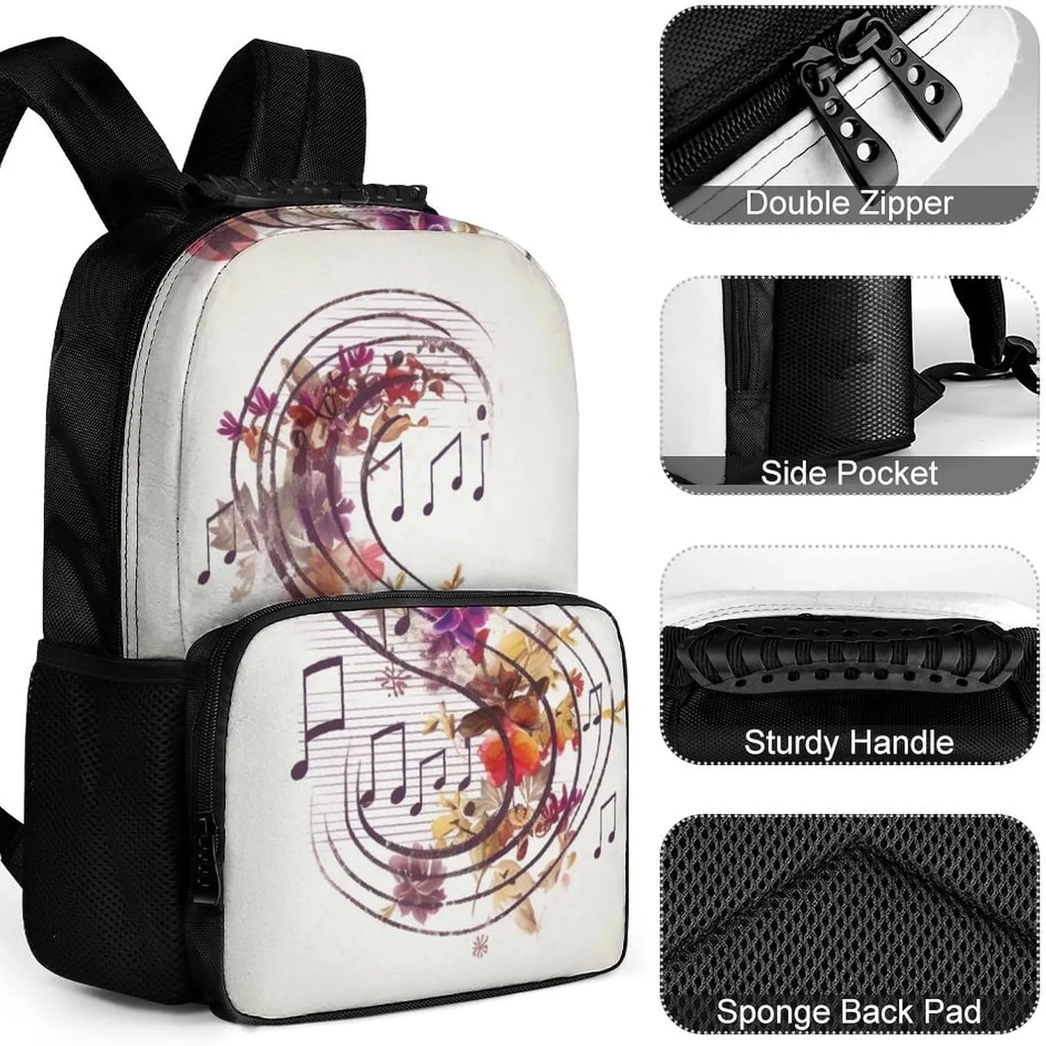 Laptop Backpack Musical Note Floral Daypack Computer Bag Travel Laptop Bag Casual Nurse Bag for Women Men