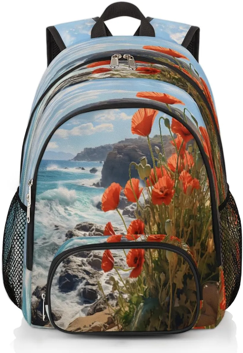 Laptop Backpack Red Flowers College Waterproof Travel Bag Casual Book Bag with Multiple Pockets 16.7 inch Laptop Backpacks for Travel Hiking, Atlantic Coast