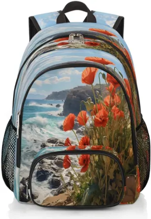 Laptop Backpack Red Flowers College Waterproof Travel Bag Casual Book Bag with Multiple Pockets 16.7 inch Laptop Backpacks for Travel Hiking, Atlantic Coast