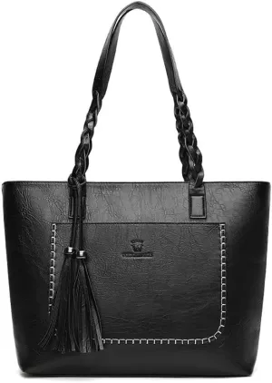 Large Capacity Work Top Handle Handbag with Tassle Tote for Women Leather Hobo Shoulder