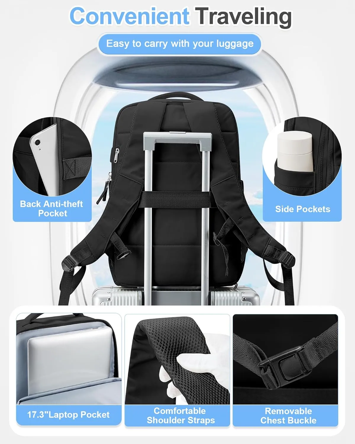 Large Travel Backpack Carry On Flight Approved for Women Men Carry On Backpack for Airplanes Mochila De Viaje Suitcase Backpack for Travel Personal Item Backpack Black