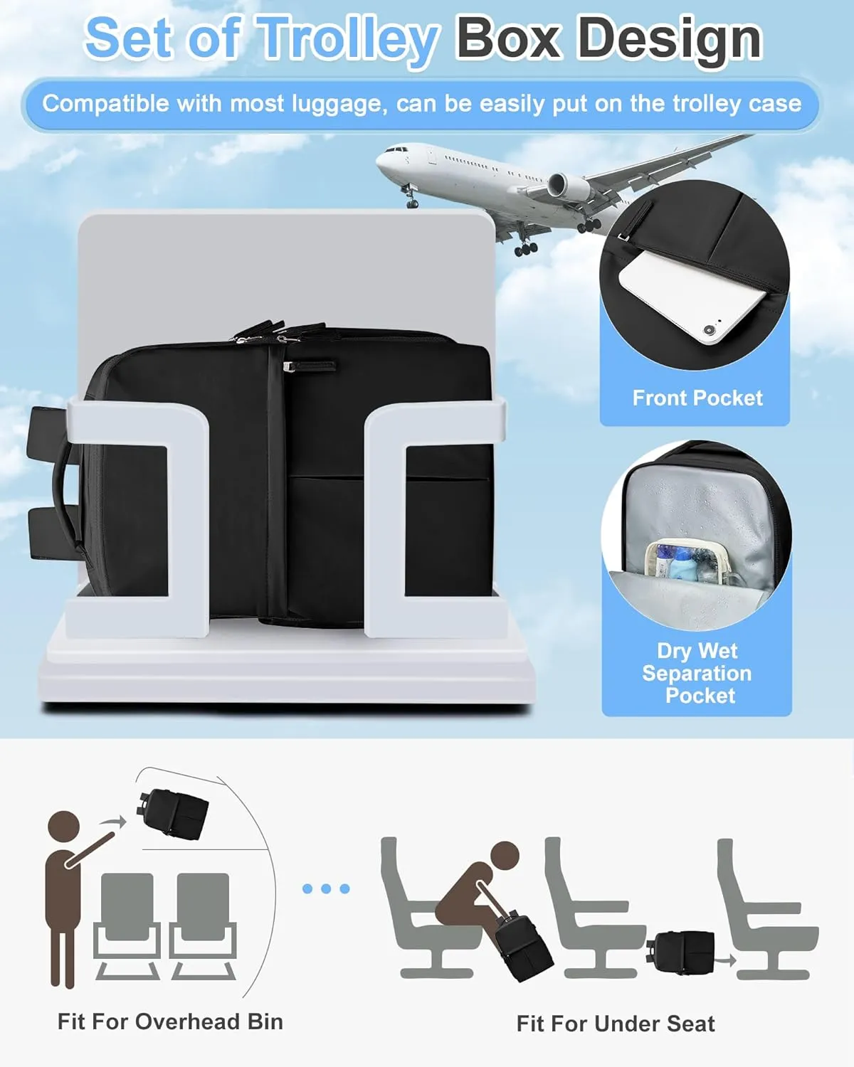 Large Travel Backpack Carry On Flight Approved for Women Men Carry On Backpack for Airplanes Mochila De Viaje Suitcase Backpack for Travel Personal Item Backpack Black