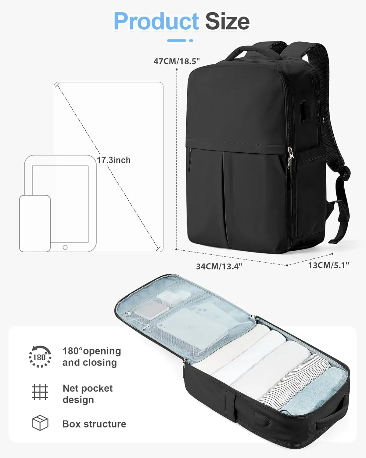 Large Travel Backpack Carry On Flight Approved for Women Men Carry On Backpack for Airplanes Mochila De Viaje Suitcase Backpack for Travel Personal Item Backpack Black