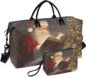 Large Travel Duffel Bag, Christmas Santa Read Book Sport Tote Gym Bag, Shoulder Weekender Overnight Bag for Women Men, Carry On Luggage with Toiletry Bag