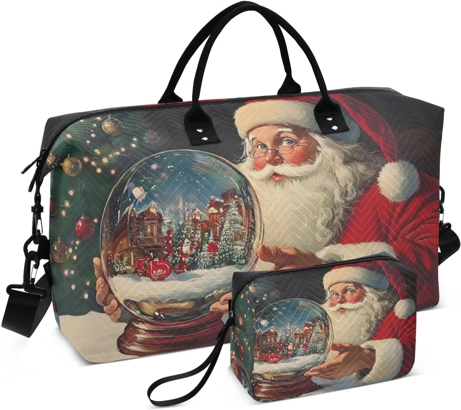 Large Travel Duffel Bag, Crystal Ball Christmas Santa Sport Tote Gym Bag, Shoulder Weekender Overnight Bag for Women Men, Carry On Luggage with Toiletry Bag