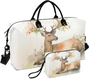 Large Travel Duffel Bag, Elk Garland Flower Sport Tote Gym Bag, Shoulder Weekender Overnight Bag for Women Men, Carry On Luggage with Toiletry Bag