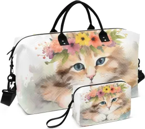 Large Travel Duffel Bag, Kitten Watercolor Garland Sport Tote Gym Bag, Shoulder Weekender Overnight Bag for Women Men, Carry On Luggage with Toiletry Bag