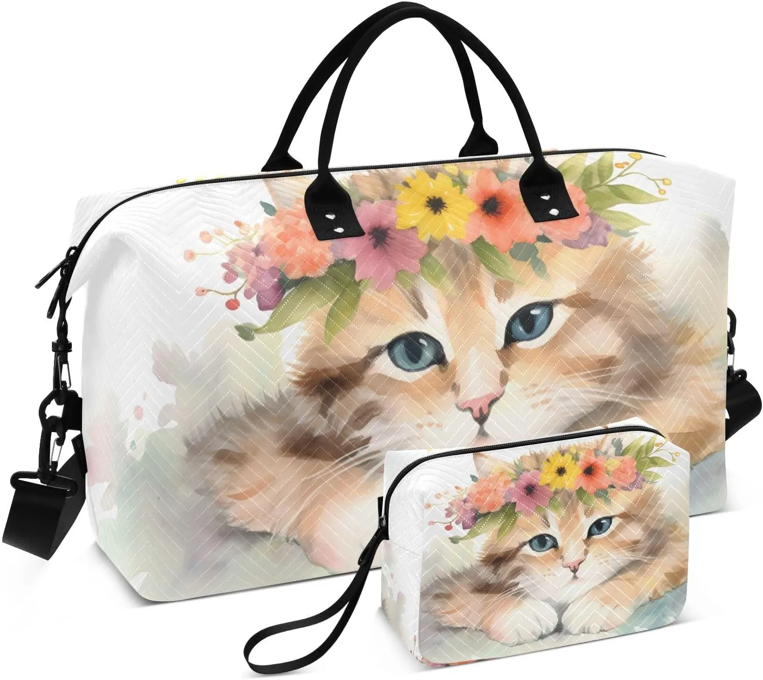 Large Travel Duffel Bag, Kitten Watercolor Garland Sport Tote Gym Bag, Shoulder Weekender Overnight Bag for Women Men, Carry On Luggage with Toiletry Bag