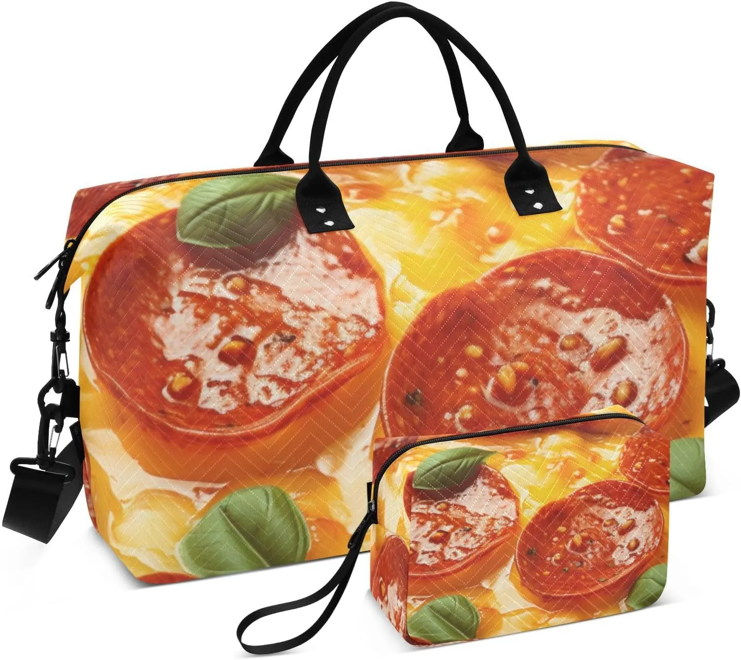 Large Travel Duffel Bag, Pizza Cheese Pepperoni Sport Tote Gym Bag, Shoulder Weekender Overnight Bag for Women Men, Carry On Luggage with Toiletry Bag