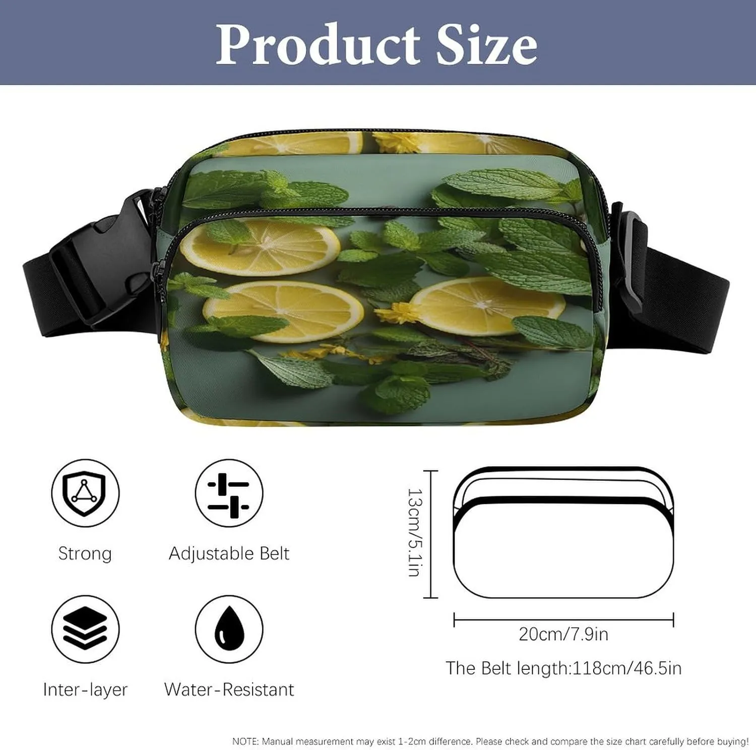 Large Waist Packs with Adjustable Strap,Mint Leaves And Lemon CrossBody Fanny Pack Casual Bag for Travel Sports Running Hiking