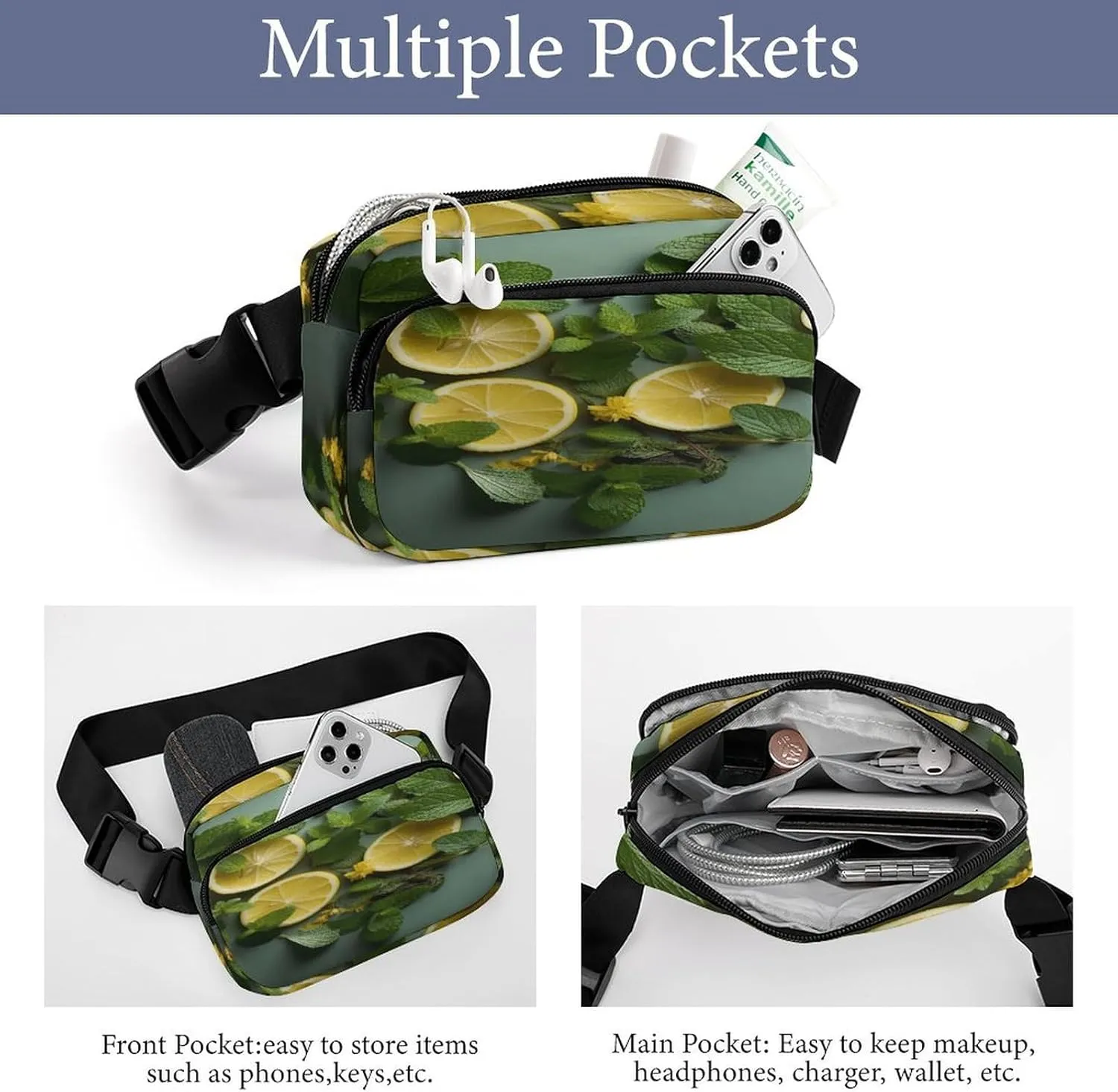 Large Waist Packs with Adjustable Strap,Mint Leaves And Lemon CrossBody Fanny Pack Casual Bag for Travel Sports Running Hiking