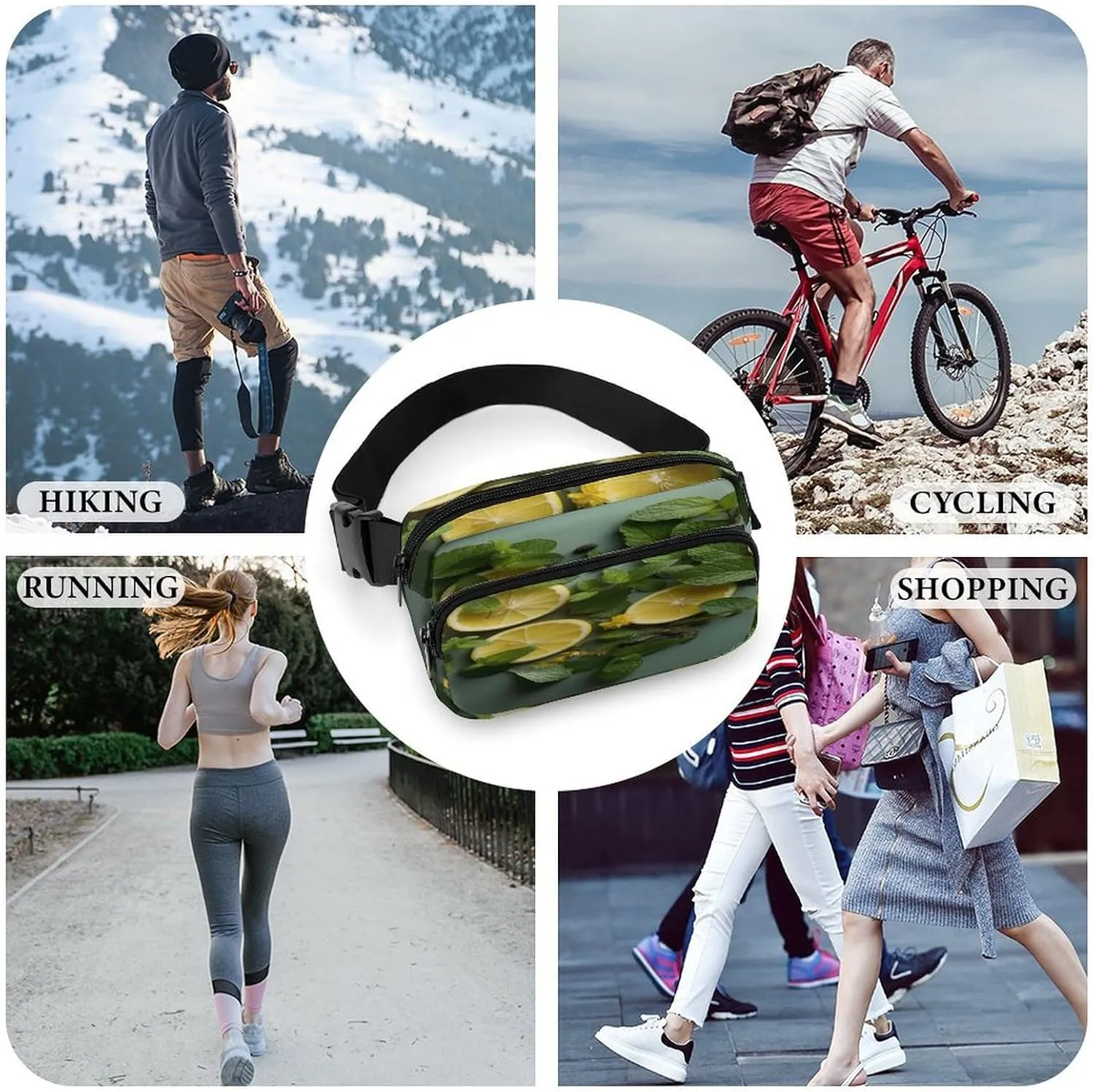 Large Waist Packs with Adjustable Strap,Mint Leaves And Lemon CrossBody Fanny Pack Casual Bag for Travel Sports Running Hiking