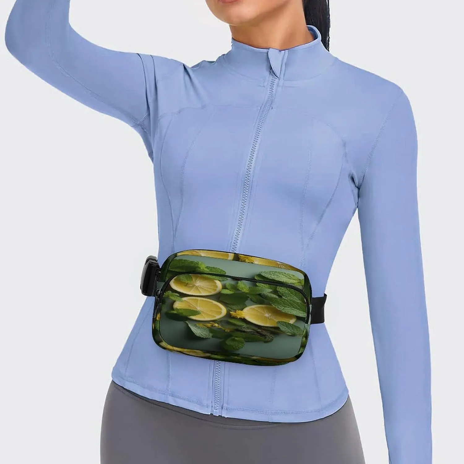 Large Waist Packs with Adjustable Strap,Mint Leaves And Lemon CrossBody Fanny Pack Casual Bag for Travel Sports Running Hiking