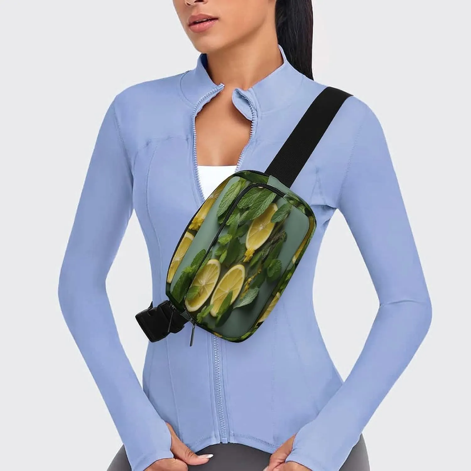 Large Waist Packs with Adjustable Strap,Mint Leaves And Lemon CrossBody Fanny Pack Casual Bag for Travel Sports Running Hiking