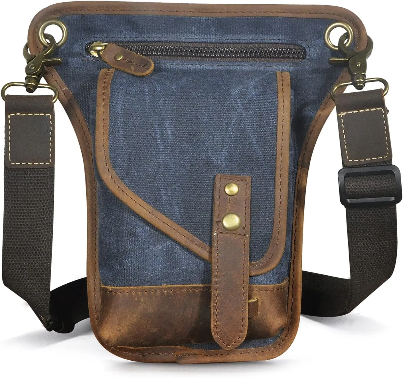 Le'aokuu Men‘s Canvas And Genuine Leather Waterproof Motorcycle Tactic Fanny Belt Waist Pack Drop Leg Thigh Cross Over Bag 211-6(Blue)