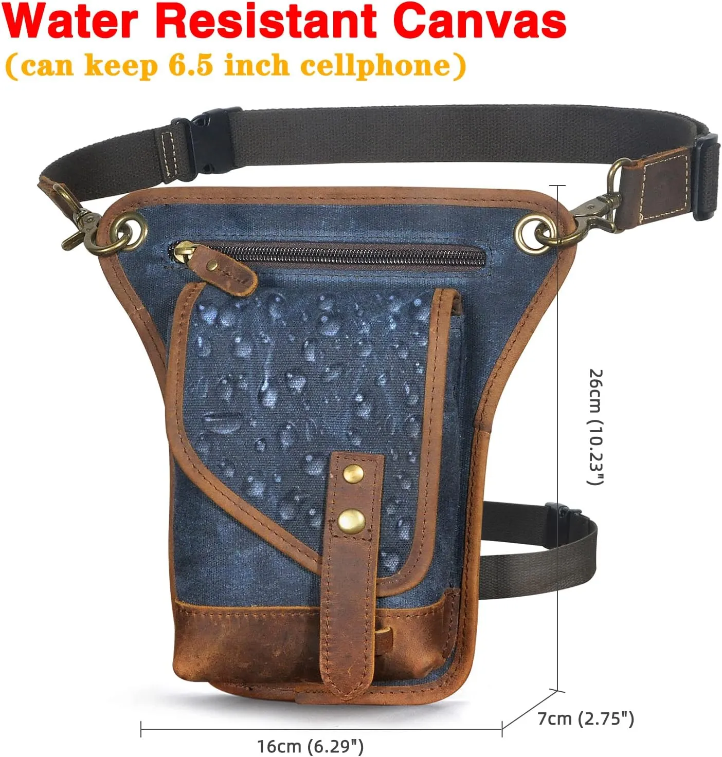 Le'aokuu Men‘s Canvas And Genuine Leather Waterproof Motorcycle Tactic Fanny Belt Waist Pack Drop Leg Thigh Cross Over Bag 211-6(Blue)