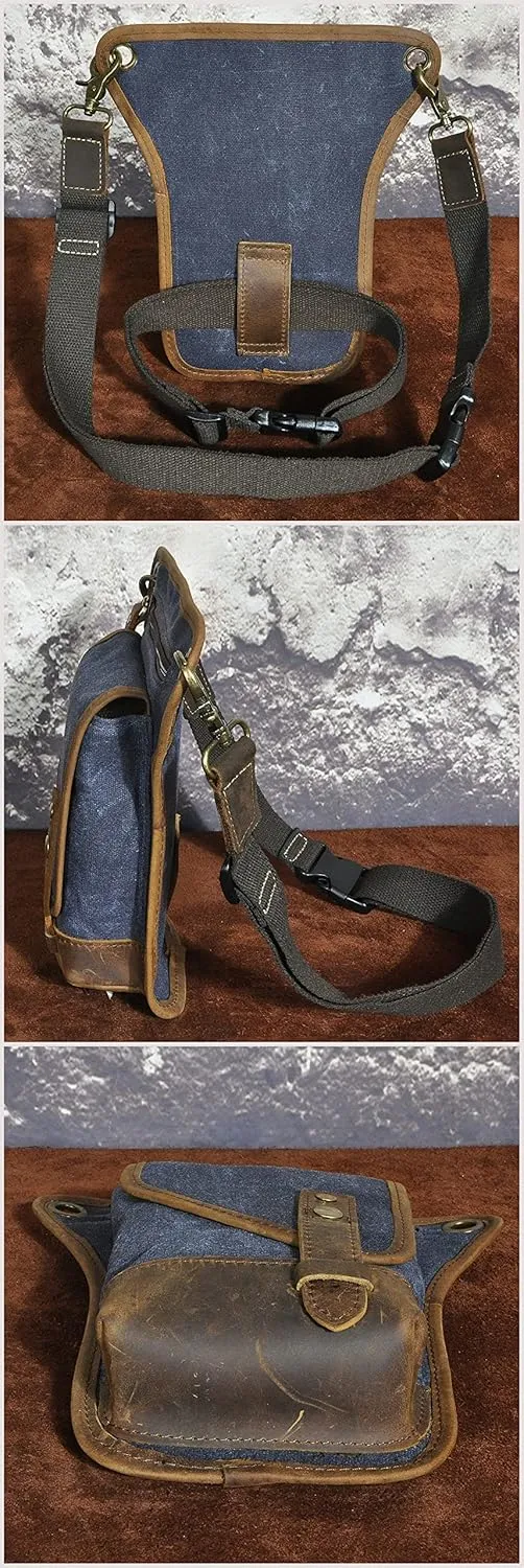 Le'aokuu Men‘s Canvas And Genuine Leather Waterproof Motorcycle Tactic Fanny Belt Waist Pack Drop Leg Thigh Cross Over Bag 211-6(Blue)