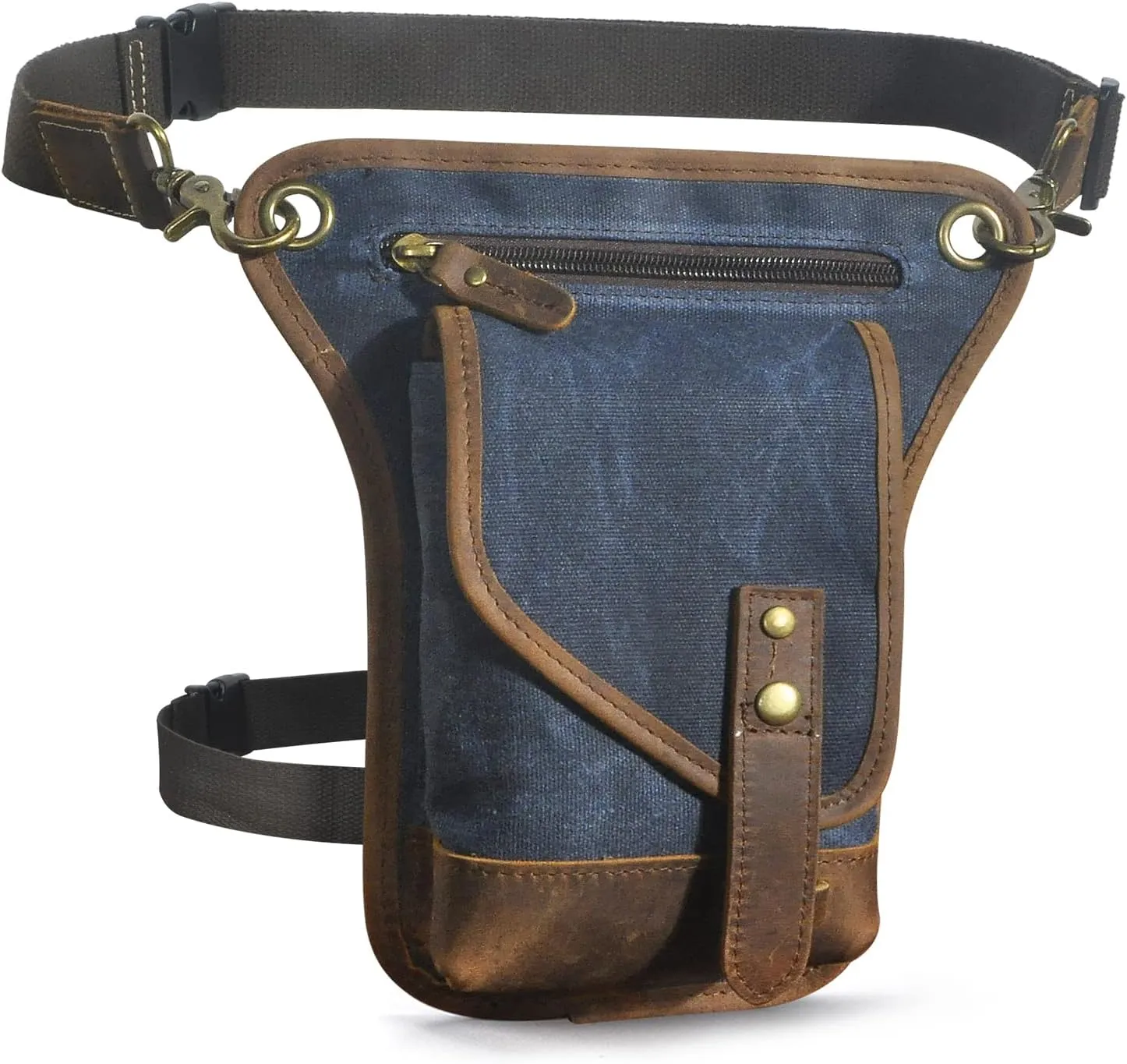 Le'aokuu Men‘s Canvas And Genuine Leather Waterproof Motorcycle Tactic Fanny Belt Waist Pack Drop Leg Thigh Cross Over Bag 211-6(Blue)