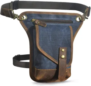 Le'aokuu Men‘s Canvas And Genuine Leather Waterproof Motorcycle Tactic Fanny Belt Waist Pack Drop Leg Thigh Cross Over Bag 211-6(Blue)
