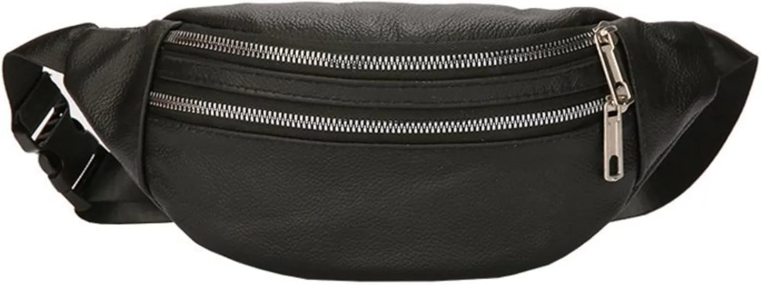 leather Fanny pack, Outdoor travel waist Pack Cowhide Leather Large Size 2 Pockets waist bag.Suitable for outdoor mountaineering, travel, camping, cycling, running, etc.（black-F）