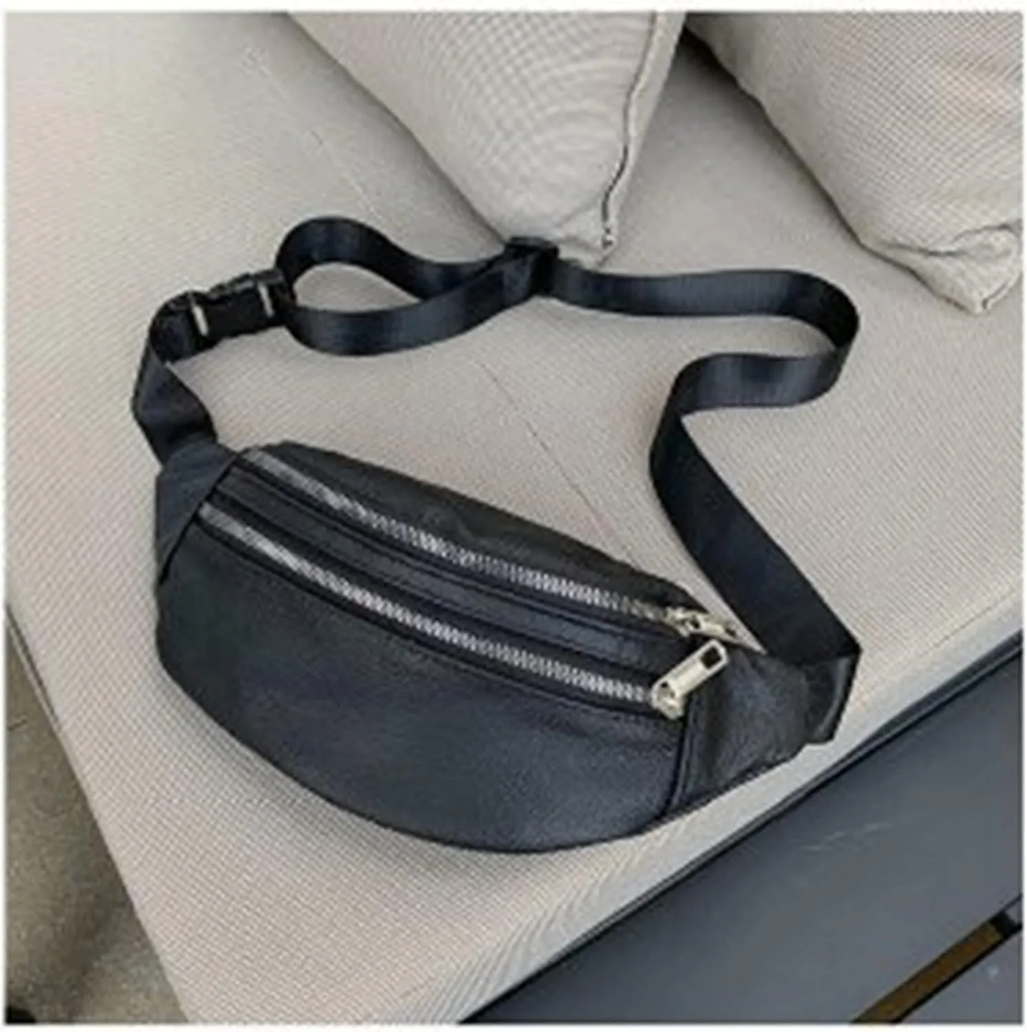 leather Fanny pack, Outdoor travel waist Pack Cowhide Leather Large Size 2 Pockets waist bag.Suitable for outdoor mountaineering, travel, camping, cycling, running, etc.（black-F）