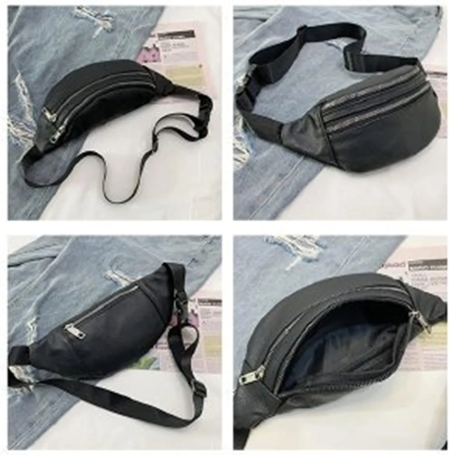leather Fanny pack, Outdoor travel waist Pack Cowhide Leather Large Size 2 Pockets waist bag.Suitable for outdoor mountaineering, travel, camping, cycling, running, etc.（black-F）