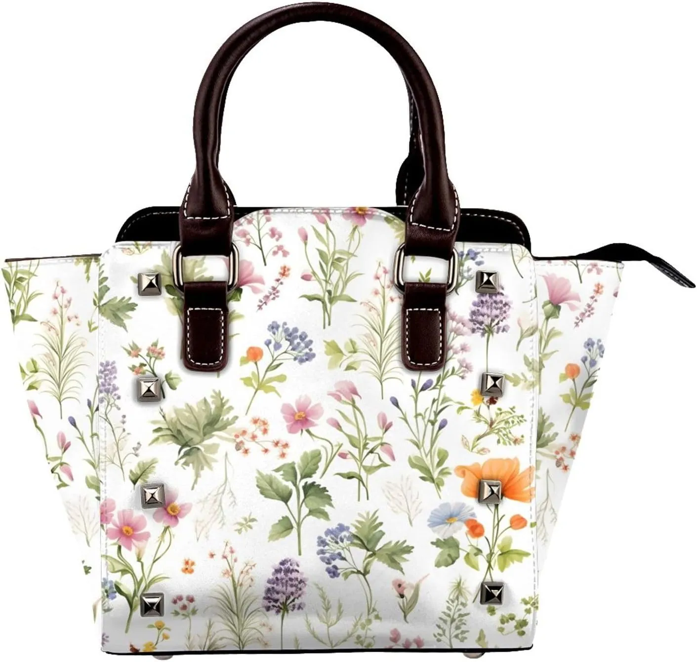 Leather Shoulder Bag for Women, Spring Floral Flower Studded Purse Wildflower Crossbody Handbags Punk Hobo Bag with Adjustable Strap