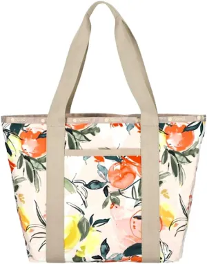 LeSportsac Citrus Explosion Everyday Zip Tote Handbag/Travel Bag, Style 3867/Color E632, Full Size Juicy Oranges & Zingy Lemons, Rich Verdant Greenery, Neutral Blush Bag, Subtle Pearlized Sheen