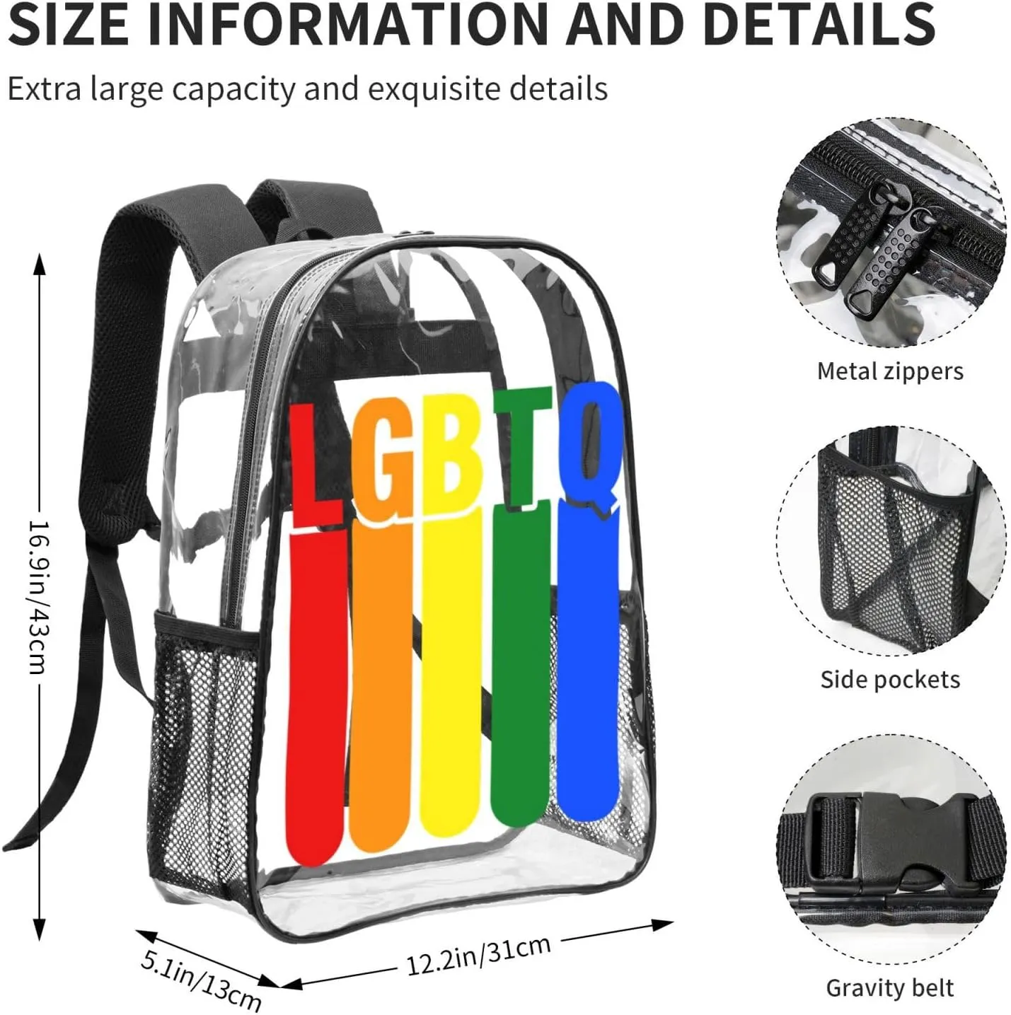 LGBT Pride Rainbow Gay LGBTQ 16 Inch Clear PVC Backpacks Transparent Backpack Multipurpose Double Shoulder Bag for Men Women Gifts