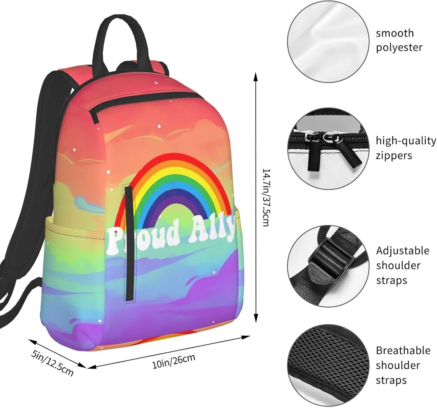 LGBT Rainbow Gay Pride Proud Ally Travel Laptop Backpack Casual Backpacks Double Shoulder Daypack Notebook Rucksack Work Bags Sports Bag for Hiking Camping Beach