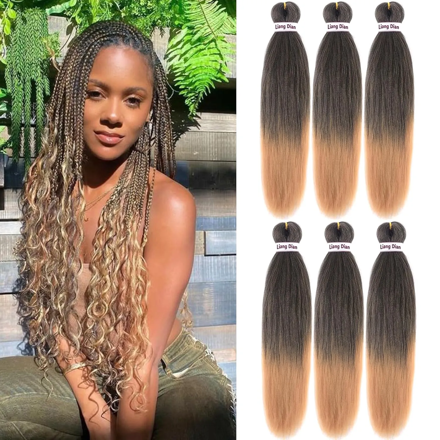 Liang Dian Pre-Stretched Braiding Hair 22 inch 6 packs Hot Water Setting Synthetic Hair Crochet Braiding Hair Extension(1B/27)