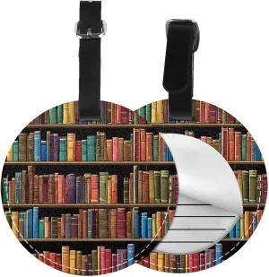Library Bookshelf -Print Customizable Round Luggage Tag-Waterproof Pu Leather, Privacy Protection & Reflective for Travel, Pet, Suitcases