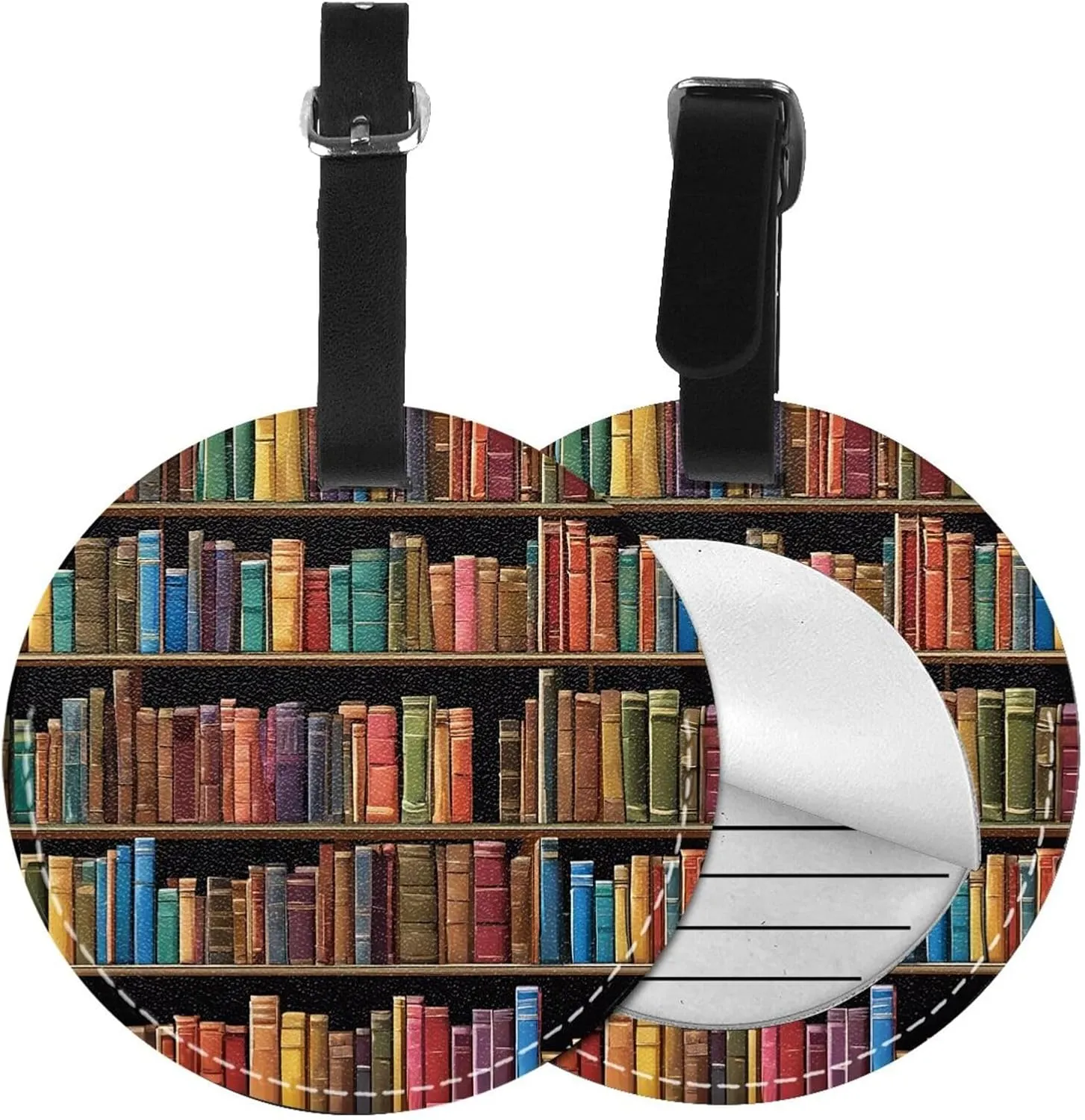 Library Bookshelf -Print Customizable Round Luggage Tag-Waterproof Pu Leather, Privacy Protection & Reflective for Travel, Pet, Suitcases
