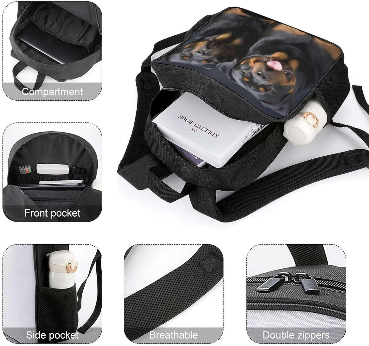 Lightweight Backpacks Cute Travel Bag Durable Rottweiler Wallpaper Printing Small Travel Backpack For Women & Men