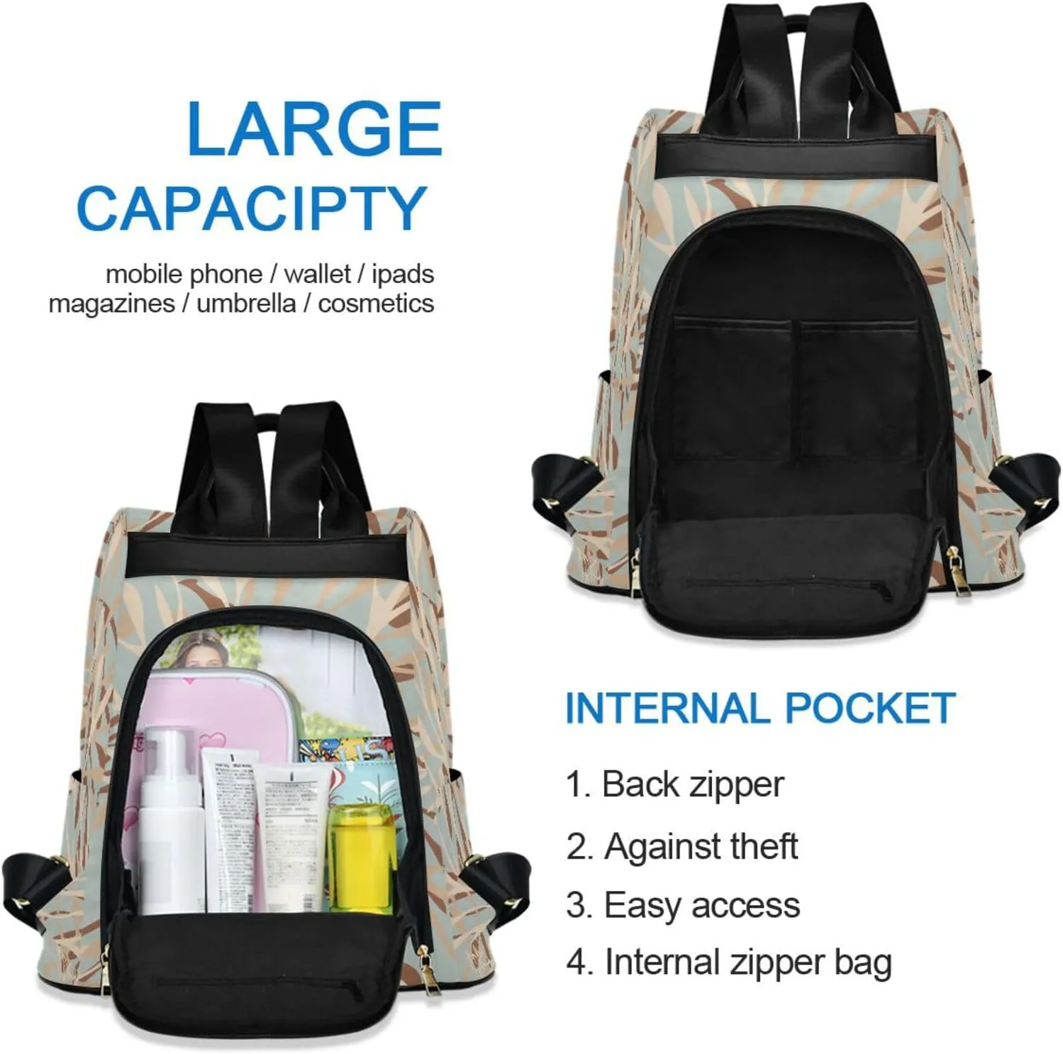 Lightweight Women Backpack Purse Shoulder Bag Casual Daypack Anti-theft Zipper With Pockets 13.4 X 5.9 X 15in