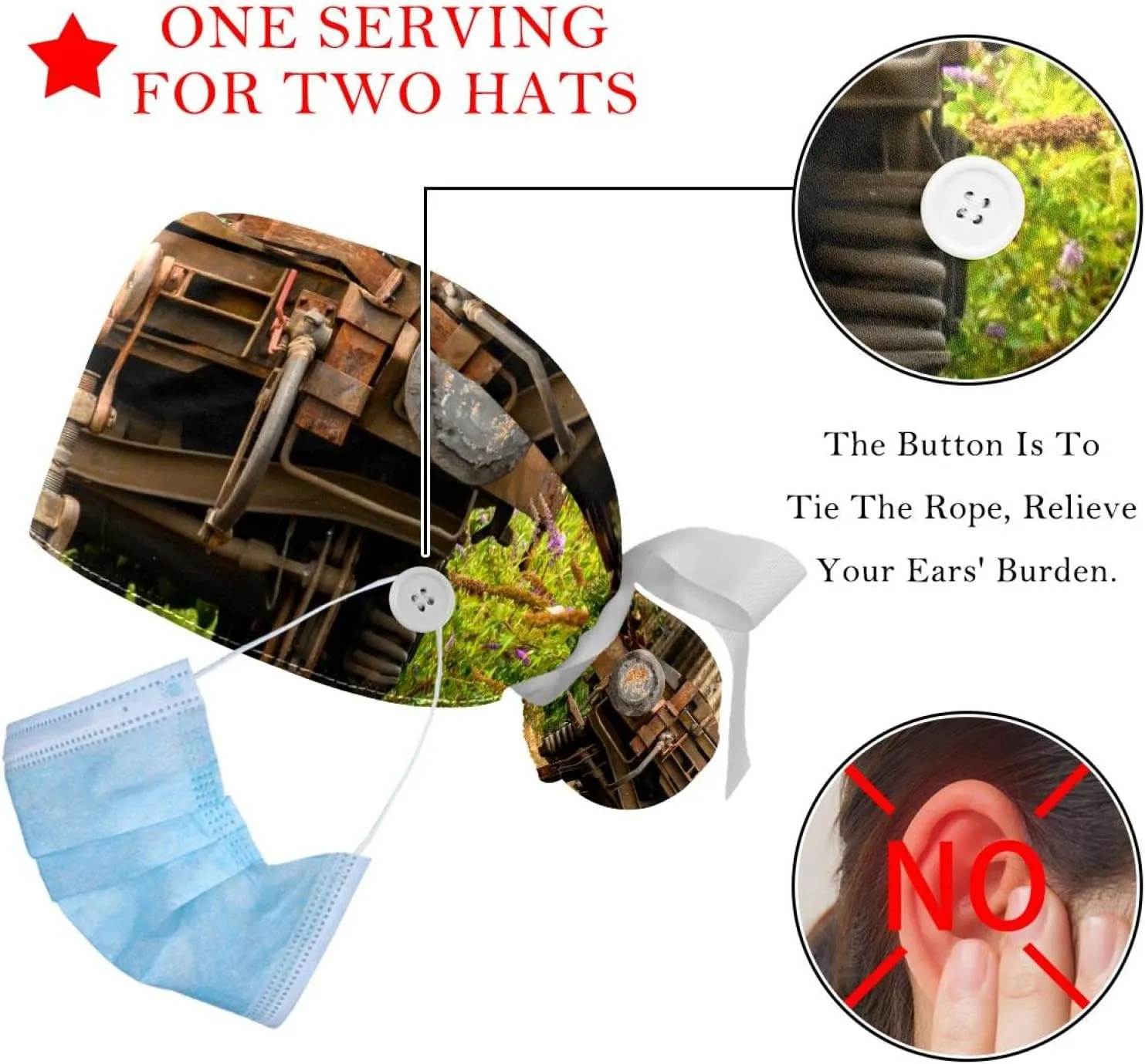 Lily Pad Green Scrub Hats for Women Long Hair, Working Cap with Button & Sweatband, Unisex Tie Back Hats 2 Packs