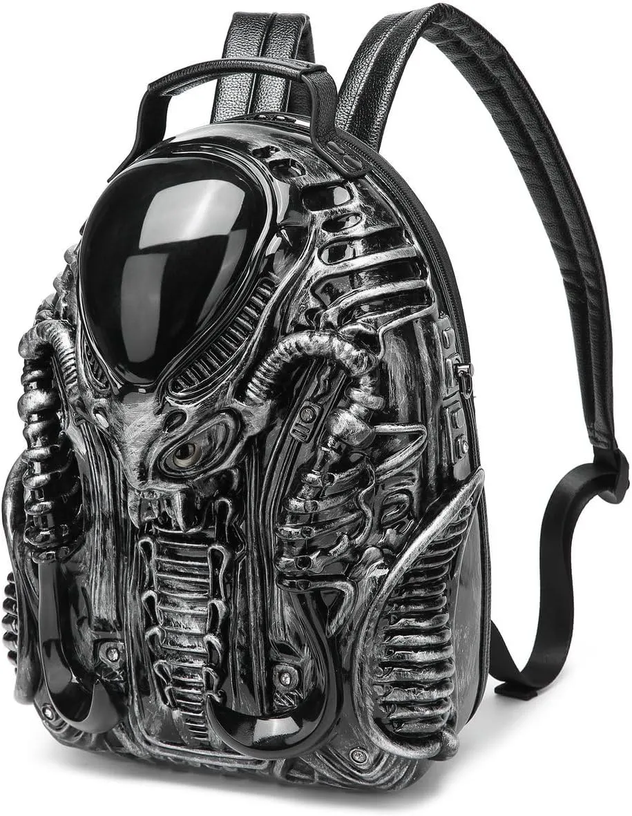 LipSki 3D Xenomorph Shaped Backpack, Steam Punk for Men or Women Y2K Personality Travel Handbag PVC Unique Novelty Alien Purse (silver)