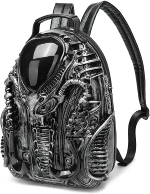 LipSki 3D Xenomorph Shaped Backpack, Steam Punk for Men or Women Y2K Personality Travel Handbag PVC Unique Novelty Alien Purse (silver)