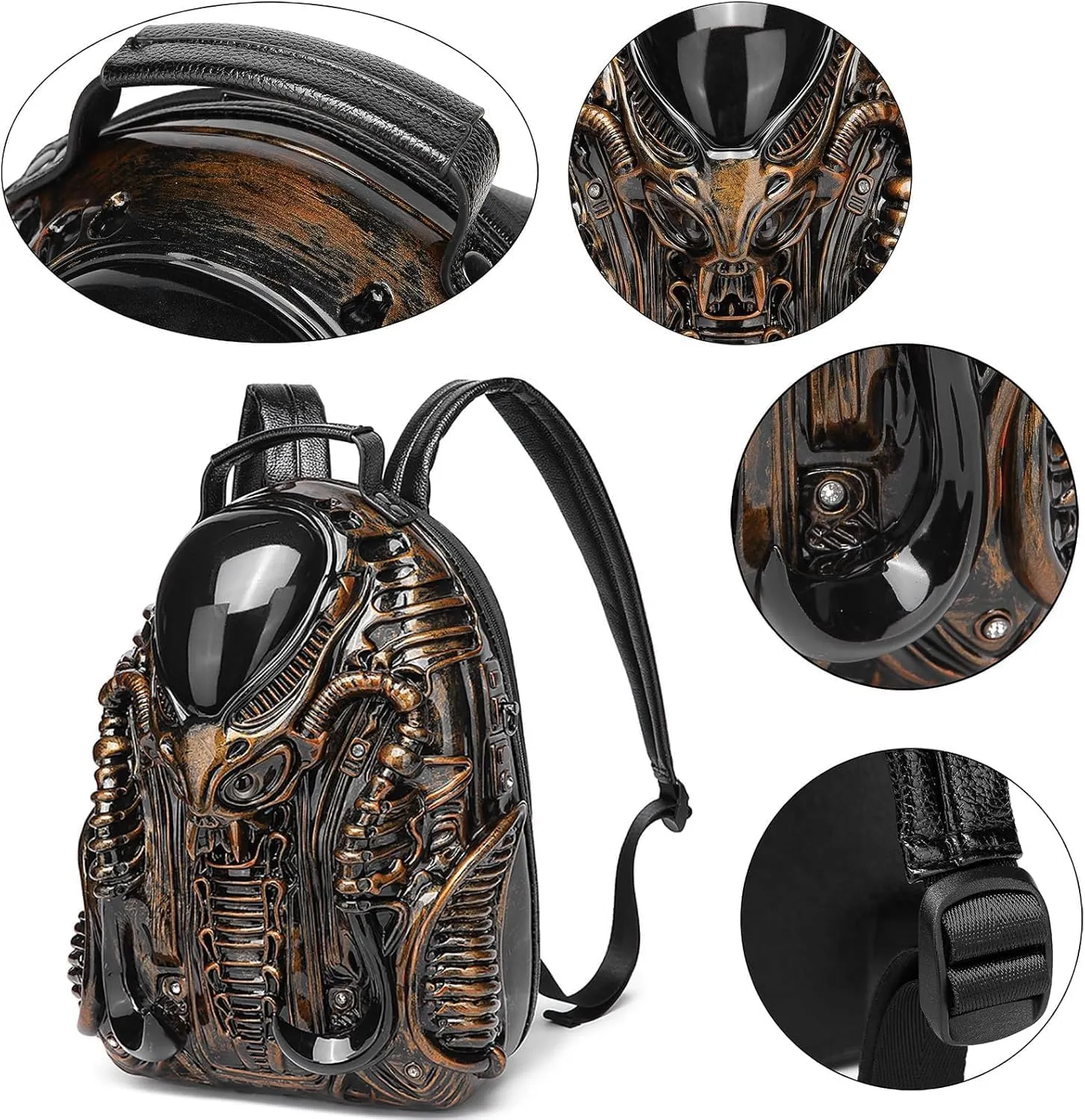LipSki 3D Xenomorph Shaped Backpack, Steam Punk for Men or Women Y2K Personality Travel Handbag PVC Unique Novelty Alien Purse (silver)