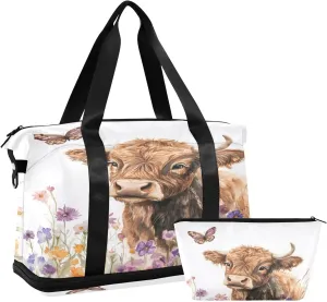 Little Calf Cattle in Wildflowers Gym Bag for Women Sport Travel Duffel Bag Shoulder Weekender Overnight Bags with Wet Pocket & Shoe Compartment