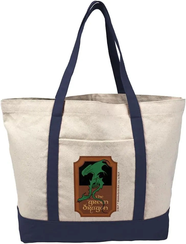 Lord of the Rings The Prancing Pony Canvas Tote Bag With External Pocket, Reusable Shoulder Bag for Shopping, Beach, Navy