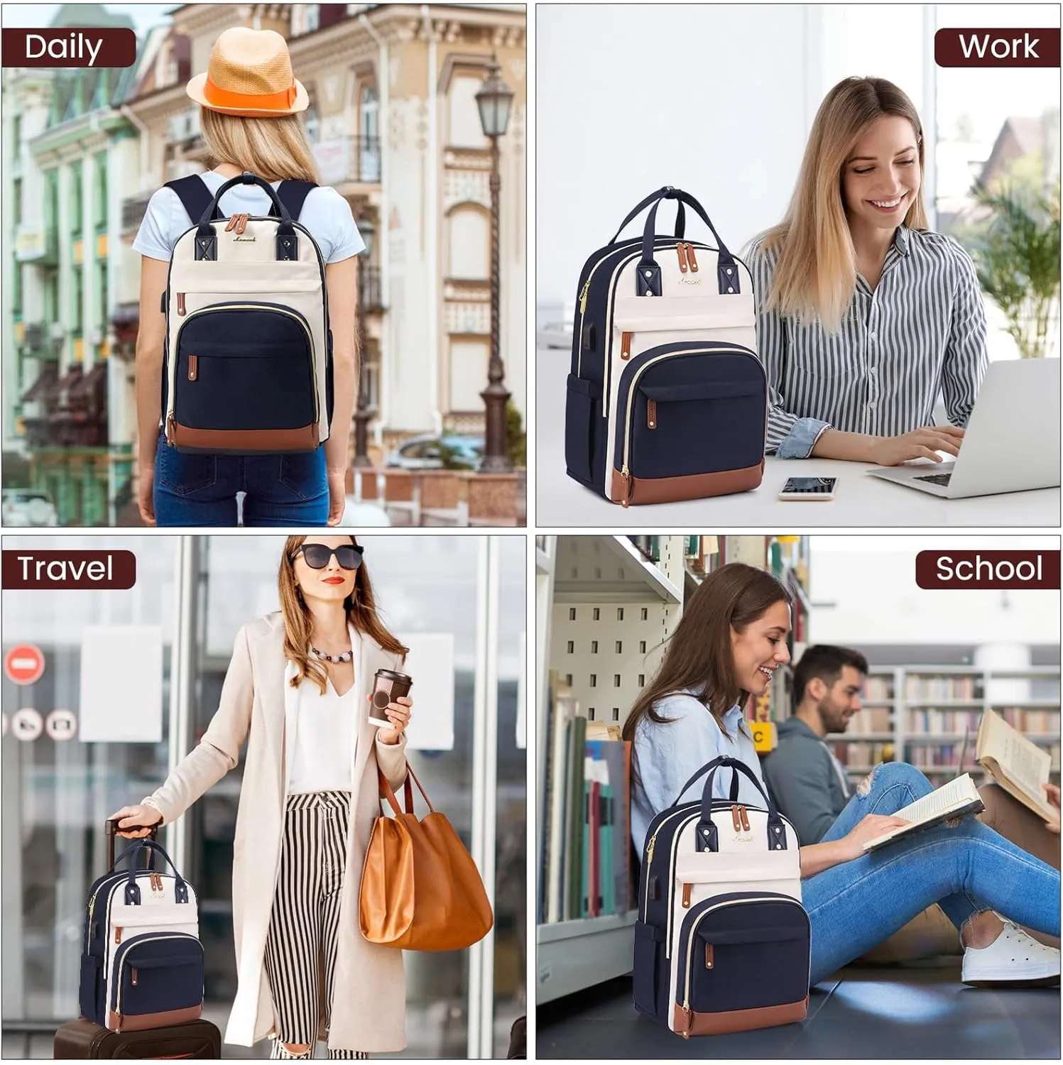 LOVEVOOK Backpack for Women,Laptop Backpack Women,Fits 17 Inch Laptop Bag,School Backpacks,Fashion Travel Work Anti-theft Bag,Waterproof Business Computer College Backpack Purse,Beige-Blue-Brown
