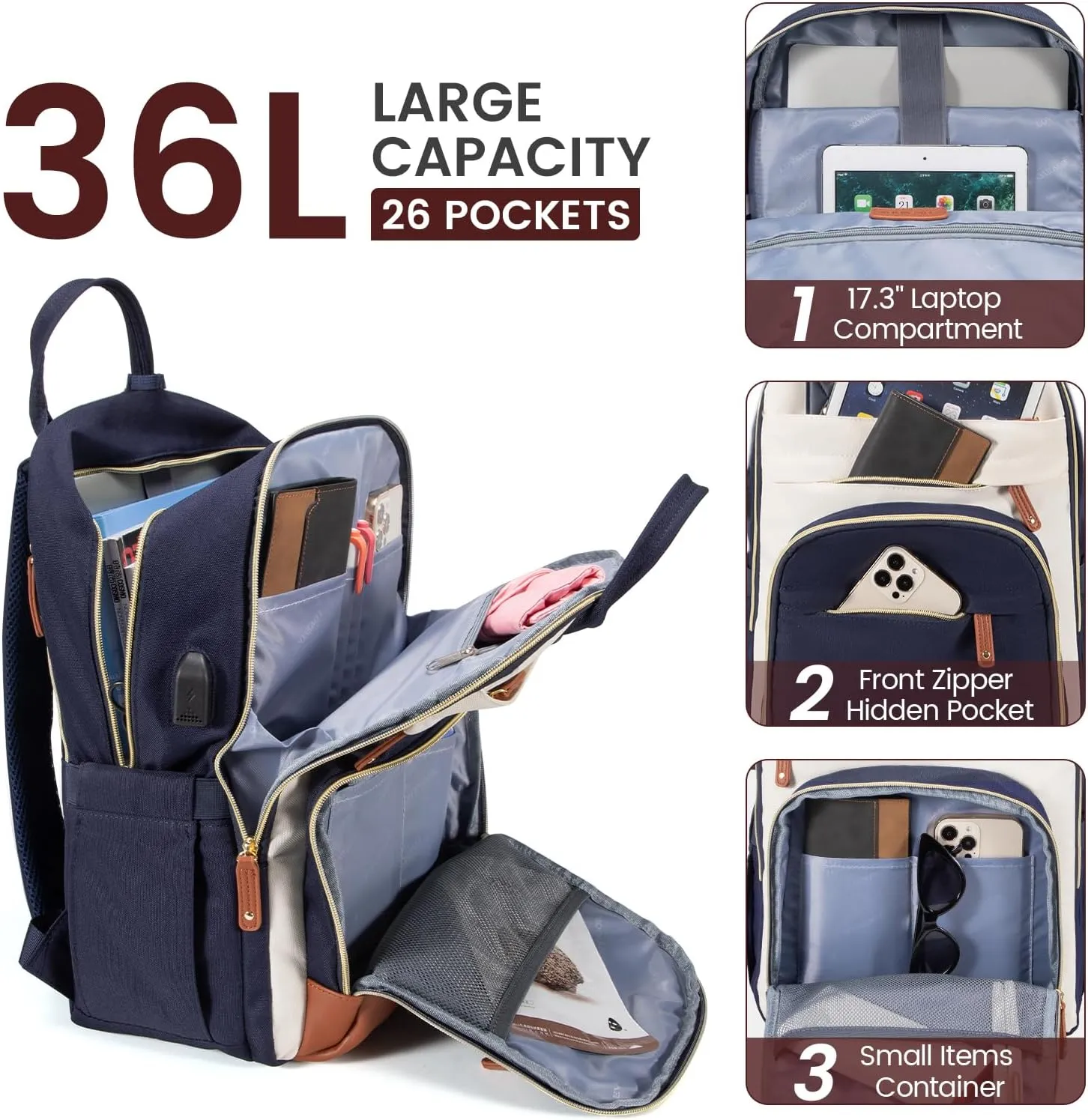 LOVEVOOK Backpack for Women,Laptop Backpack Women,Fits 17 Inch Laptop Bag,School Backpacks,Fashion Travel Work Anti-theft Bag,Waterproof Business Computer College Backpack Purse,Beige-Blue-Brown