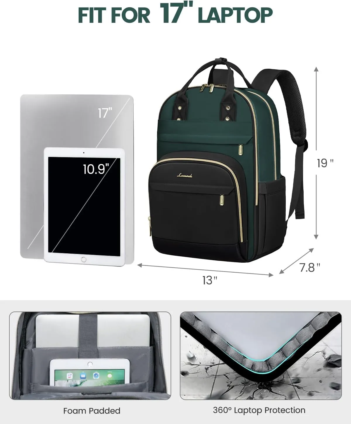 LOVEVOOK Backpack for Women,Laptop Backpack Women,Fits 17 Inch Laptop Bag,School Backpacks,Fashion Travel Work Anti-theft Bag,Waterproof Business Computer College Backpack Purse,Dark green-Black