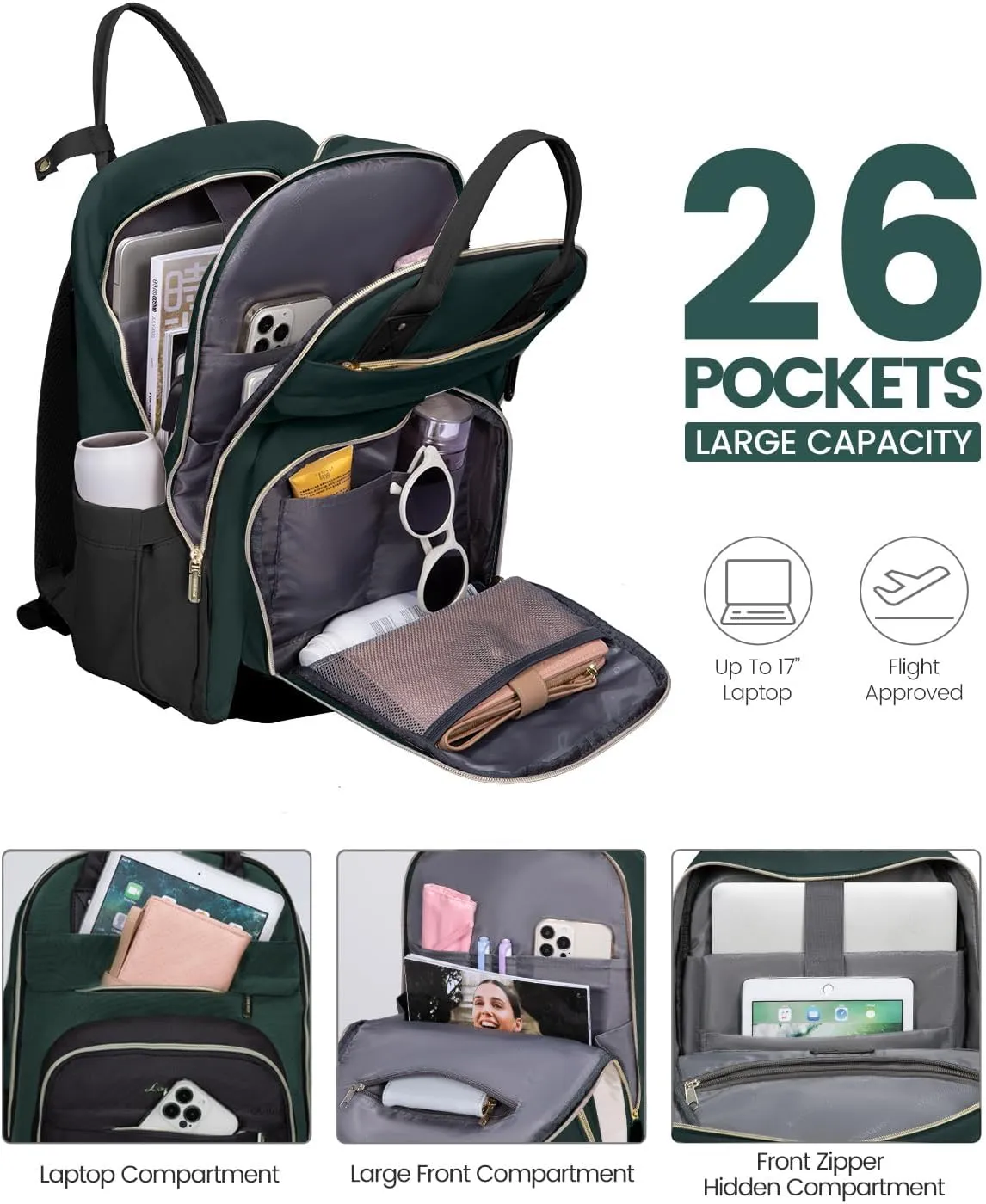 LOVEVOOK Backpack for Women,Laptop Backpack Women,Fits 17 Inch Laptop Bag,School Backpacks,Fashion Travel Work Anti-theft Bag,Waterproof Business Computer College Backpack Purse,Dark green-Black