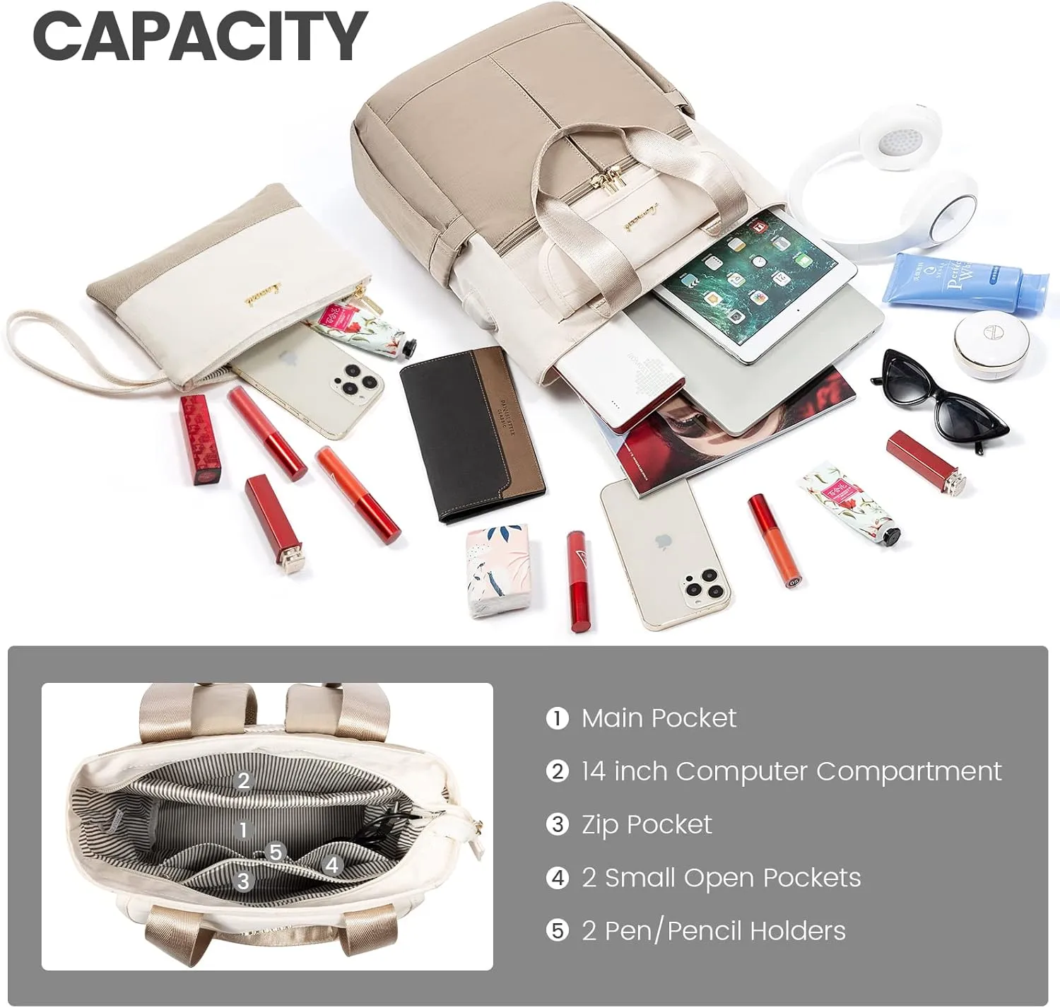 LOVEVOOK Backpack Purse for Women, Convertible Mini Backpacks Tote for Teen Girls, Small College Bookbag for Work, School, Travel, 2pcs set, Cream-Khaki