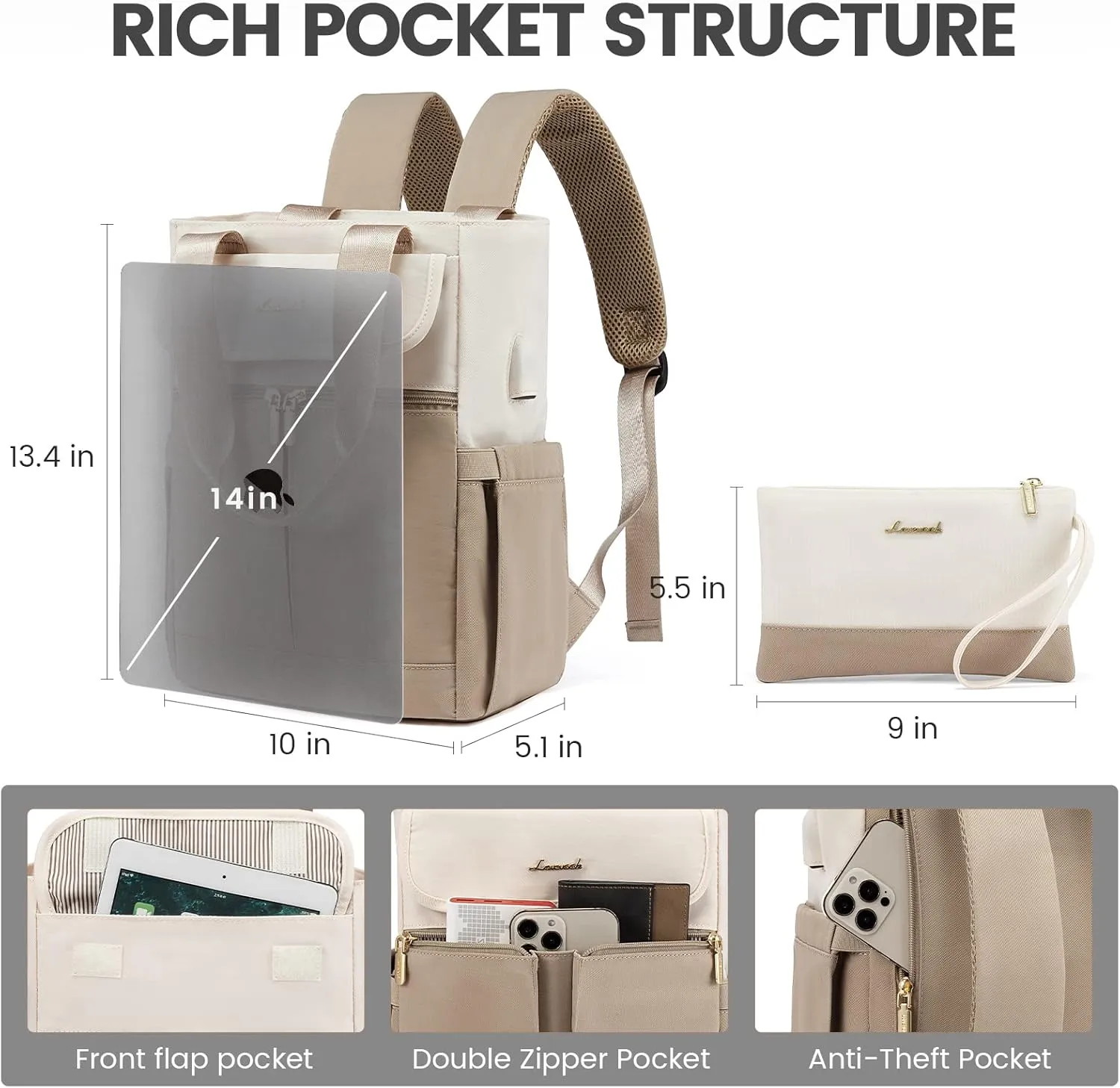 LOVEVOOK Backpack Purse for Women, Convertible Mini Backpacks Tote for Teen Girls, Small College Bookbag for Work, School, Travel, 2pcs set, Cream-Khaki