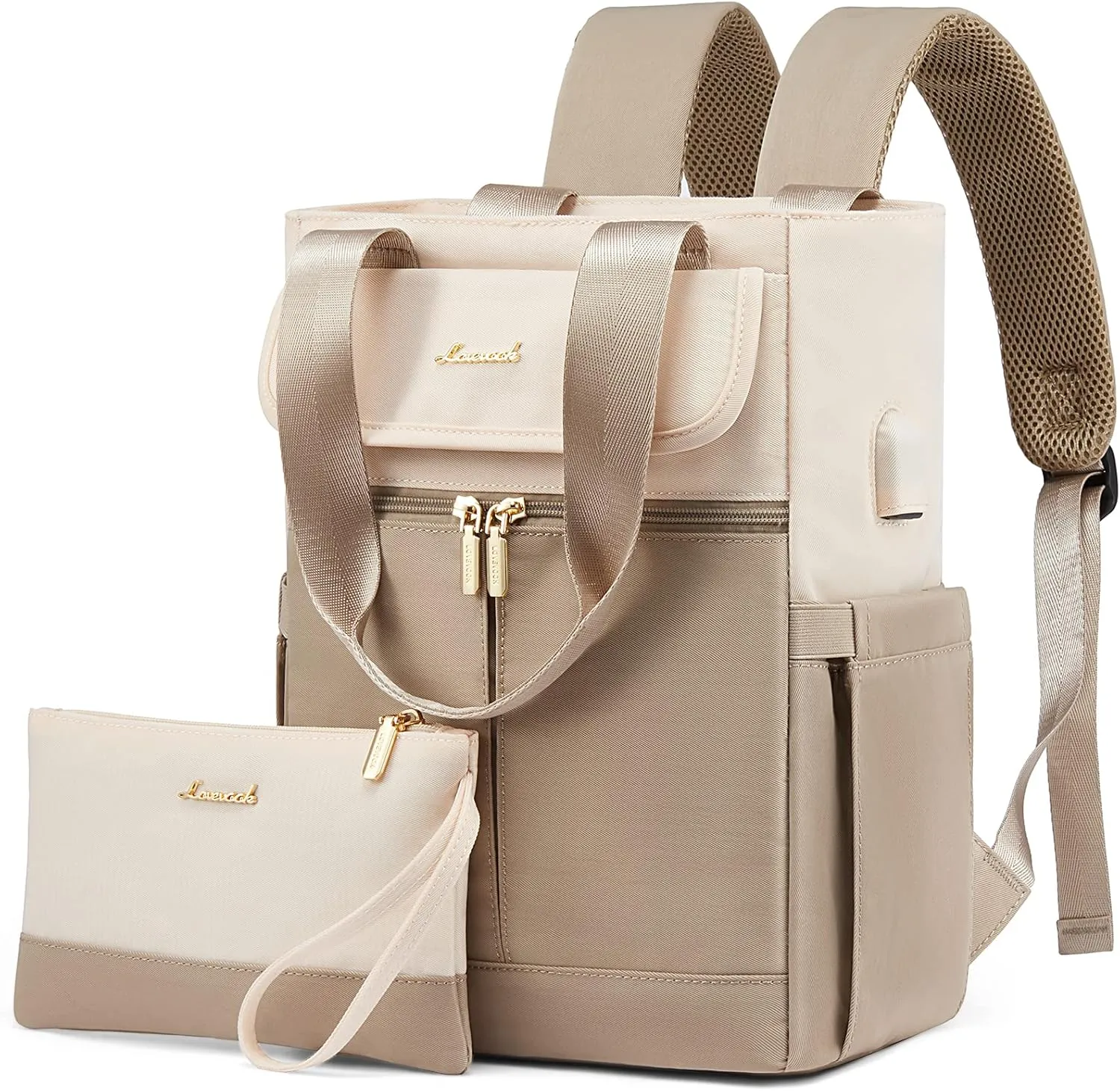 LOVEVOOK Backpack Purse for Women, Convertible Mini Backpacks Tote for Teen Girls, Small College Bookbag for Work, School, Travel, 2pcs set, Cream-Khaki