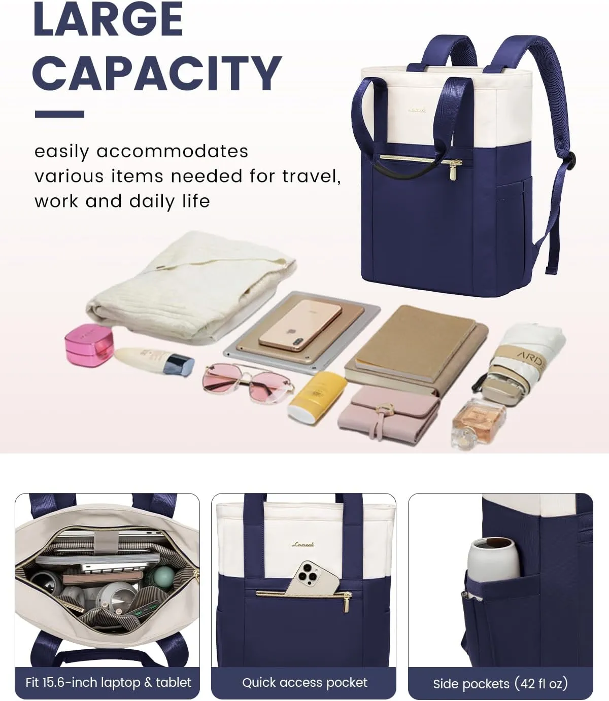 LOVEVOOK Laptop Backpack for Women, 15.6’’ Laptop Bag for Women Tote Bag Convertible, Lightweight Travel Backpack for College, Wide Open Work Backpack for Nurse Teacher Water-resistant Blue