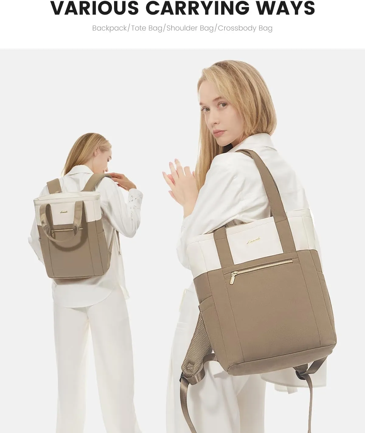 LOVEVOOK Laptop Backpack for Women, 15.6’’ Laptop Bag for Women Tote Bag Convertible, Lightweight Travel Backpack for College, Wide Open Work Backpack for Nurse Teacher Water-resistant Khaki